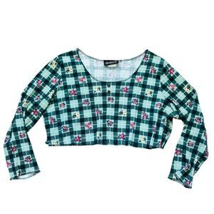 Vintage Plaid 90s Crop Top Long Sleeve Ribbed Knit Floral Cottagecore Scoopneck